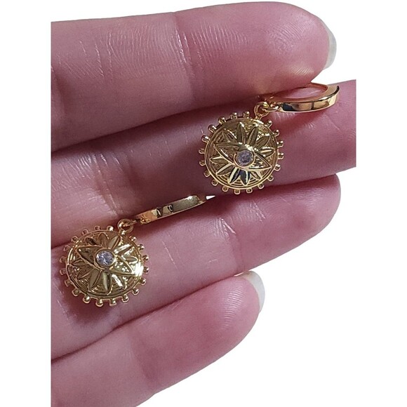 14k Gold Plated Evil Eye Huggie Dangle Earrings - Picture 5 of 6